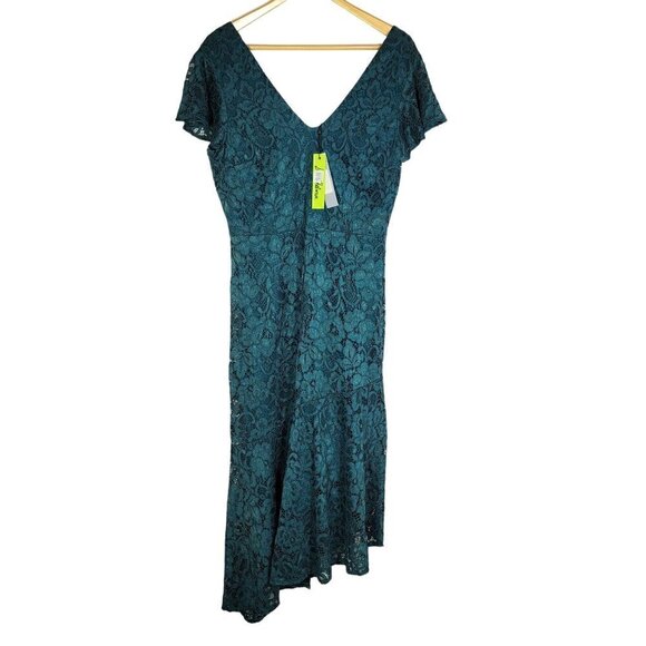 NWT Sam Edelman Women's Dark Green Asymmetrical Lace Short Sleeve Dress Size 12 - Picture 2 of 16